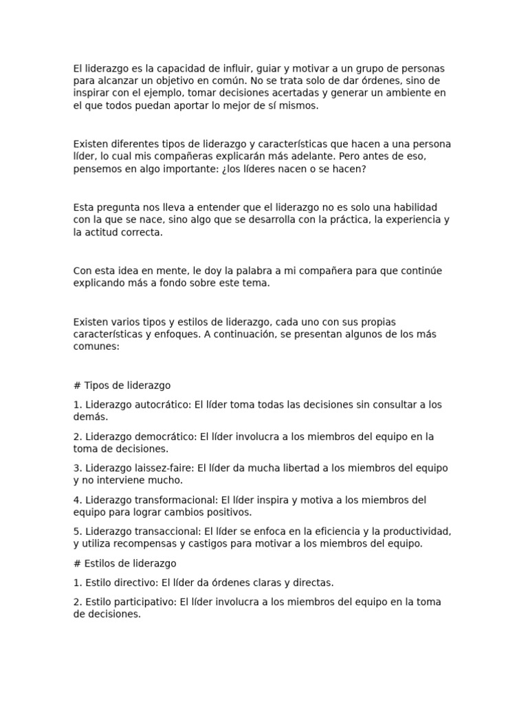 Tipos y características del liderazgo | PDF | Liderazgo | Toma de ...