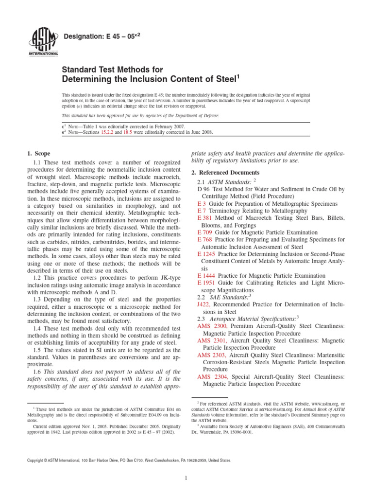 ASTM E 45: Steel Inclusion Testing Methods | PDF | Steel | Heat Treating