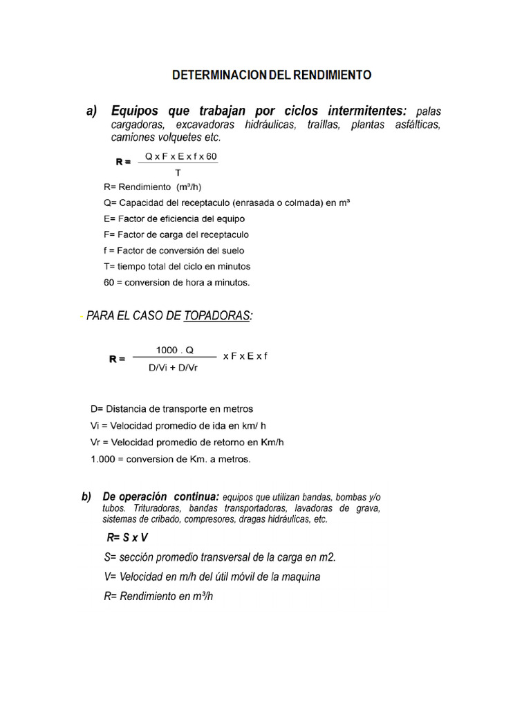 Fórmulas para Rendimiento | PDF