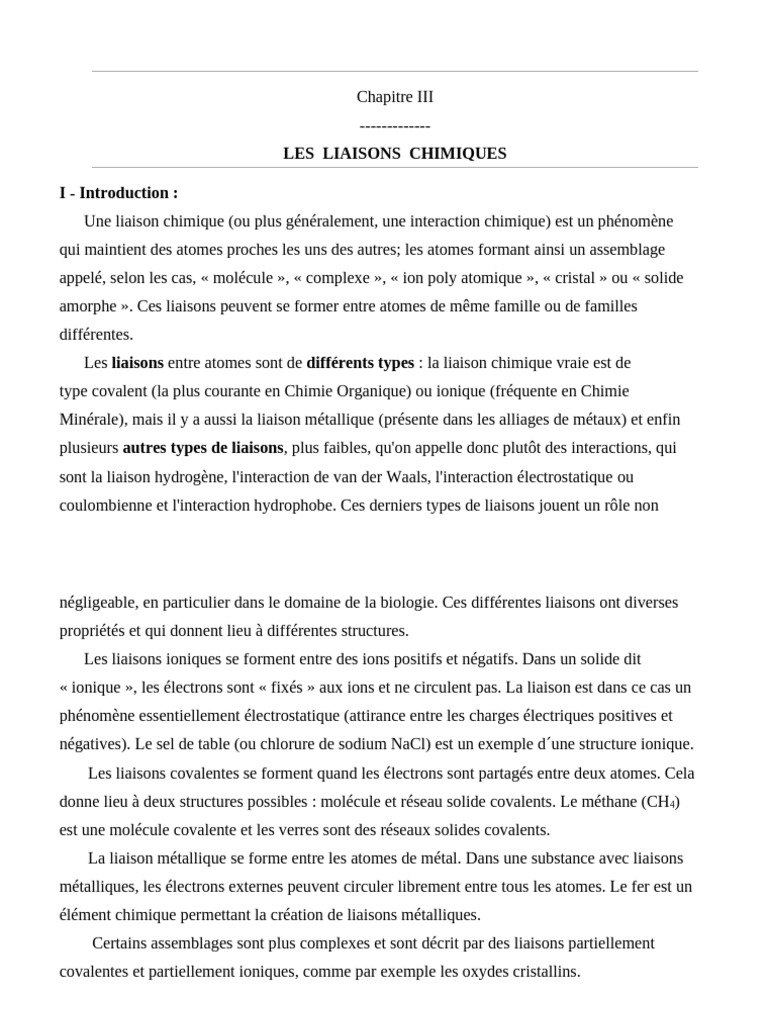 Types et structures des liaisons chimiques | PDF | Liaison chimique ...