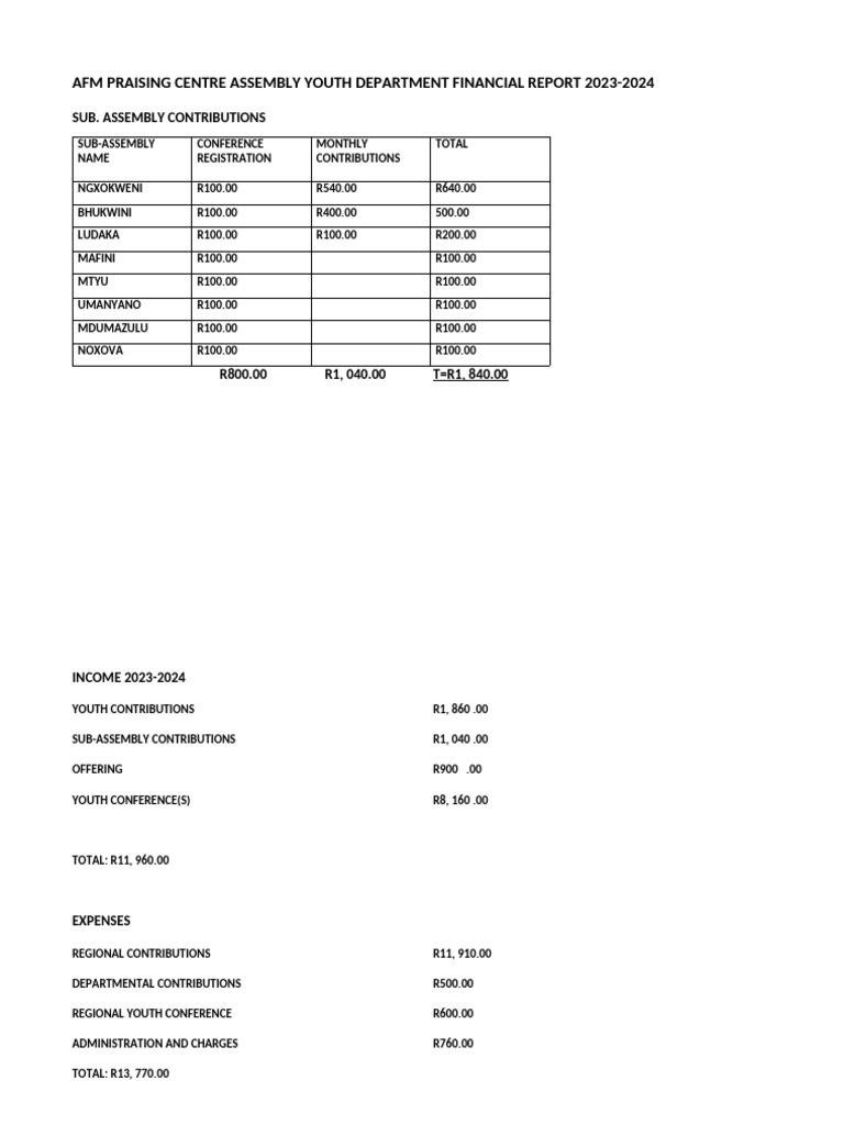 AFM Youth Dept Financial Report 2023 | PDF