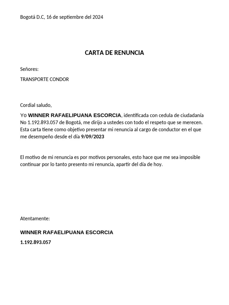 Formato de Renuncia Por Motivos Personales | PDF