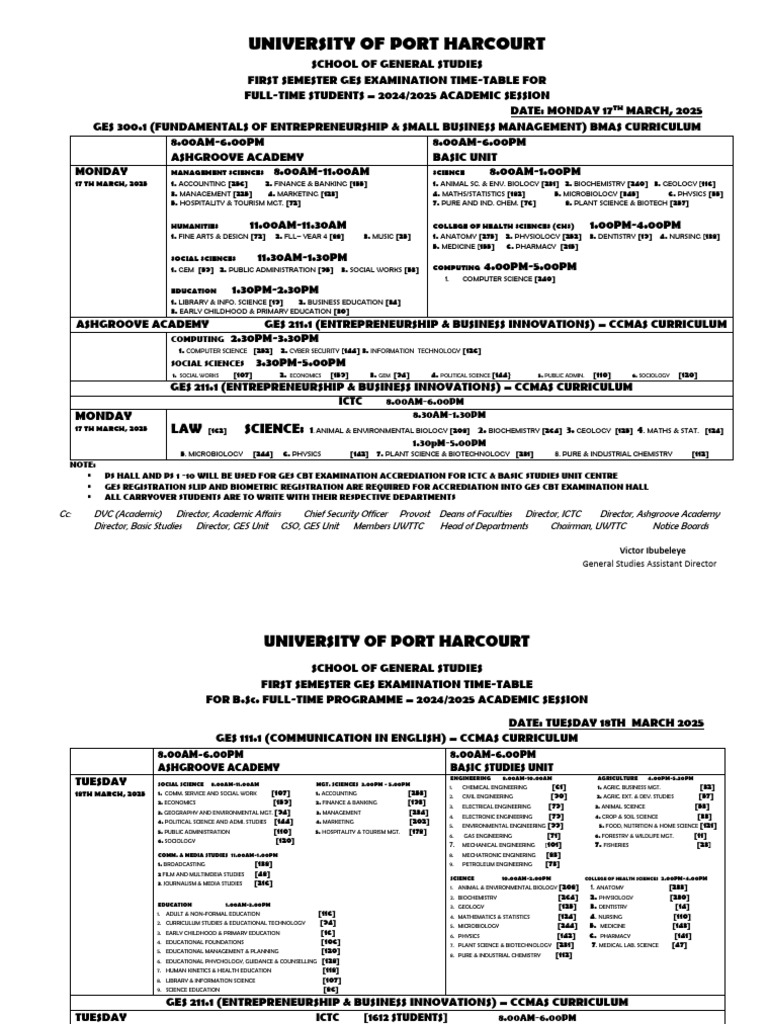 Ges Exam Time Table FT 1st Semester 2024 - 2025 Academic Session ...