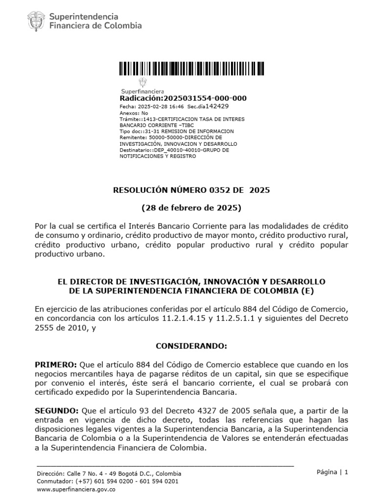 Resolución Número 0352 de 2025 (28 de Febrero de 2025) | PDF | Crédito ...