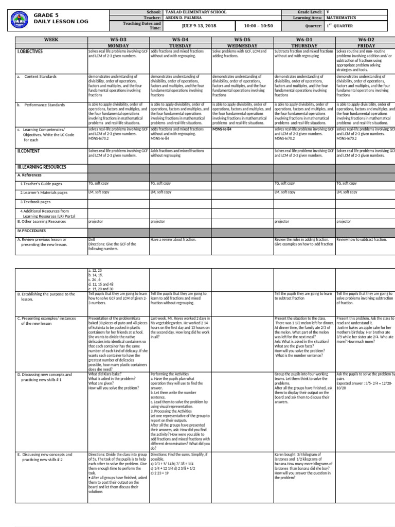 Grade 5 Math Lesson Plan: GCF & Fractions | PDF | Mathematics