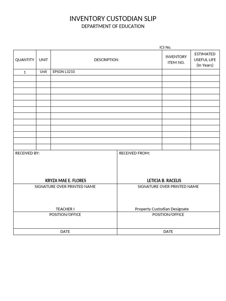 Inventory Custodian Slip Template | PDF