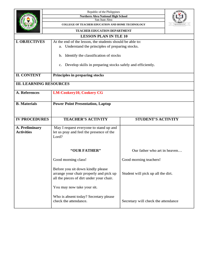 TLE 10 Lesson Plan: Preparing Stocks | PDF | Stock (Food) | Beef