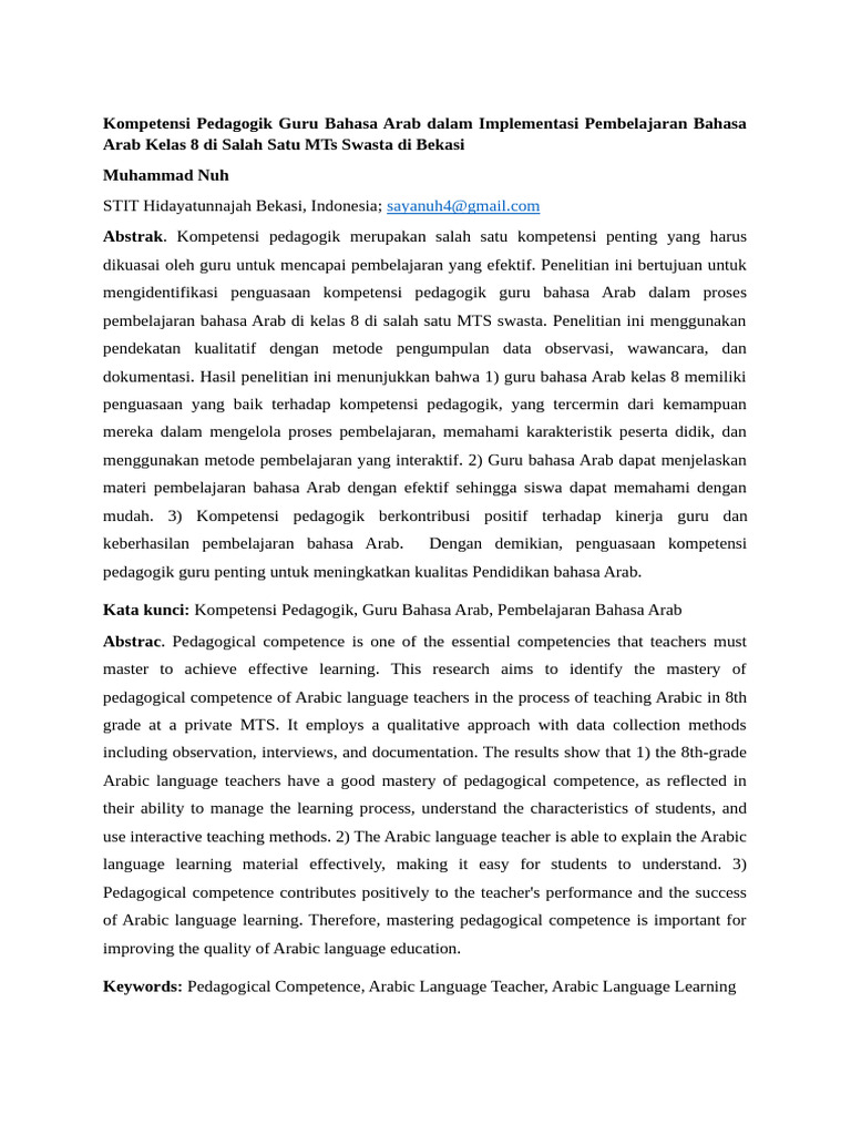 Kompetensi Pedagogik Guru Bahasa Arab | PDF