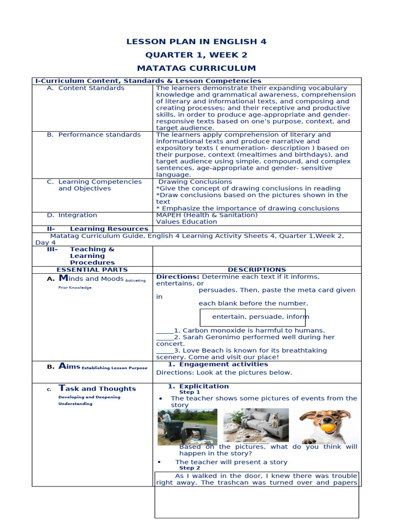 Matatag Curriculum Lesson Plan in English 4 Group 1 | PDF | Reading ...