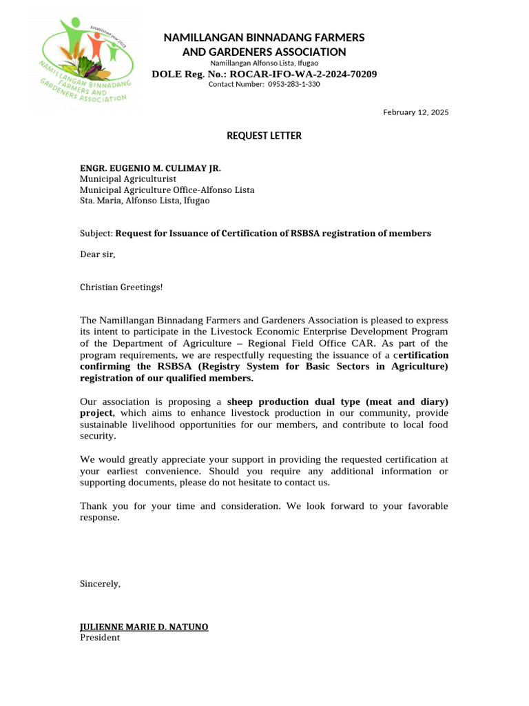 Request for RSBSA Certification for Farmers | PDF