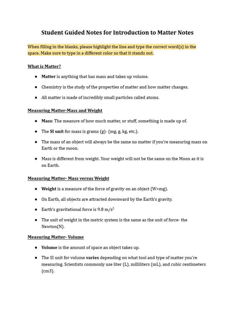 Student Guided Notes For Introduction To Matter Notes | PDF | Mixture ...
