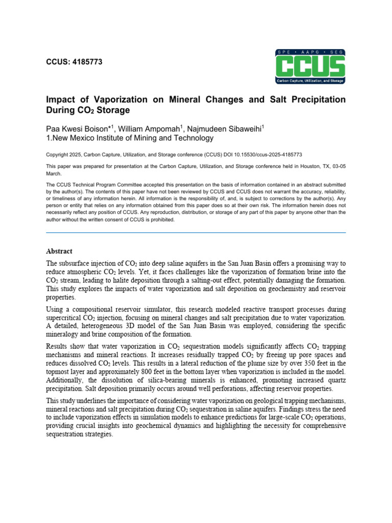 Impact of Vaporization On Mineral Changes and Salt Precipitation During ...