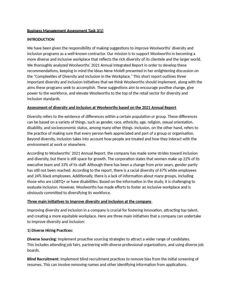 Business Management Assessment Task 3 | PDF | Diversity (Business ...