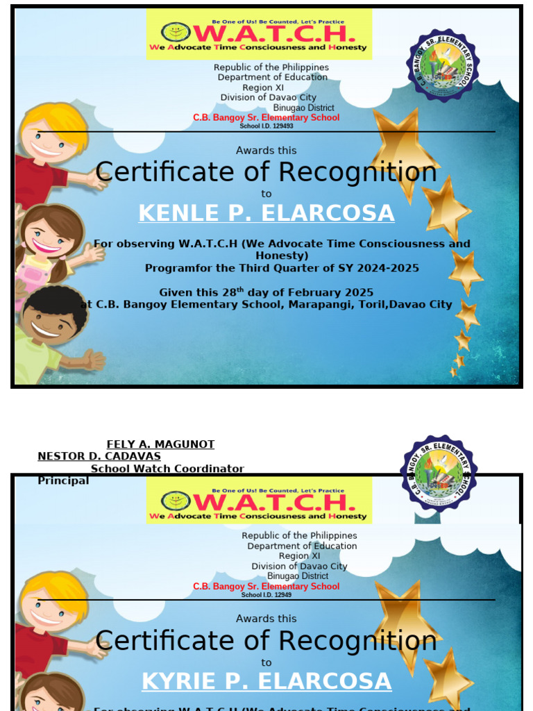 Certificate of Recognition for W.A.T.C.H Program | PDF | Philippines