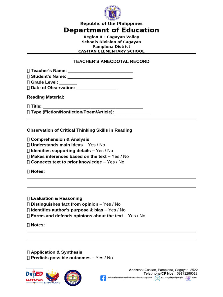 Anecdotal Record in Reading | PDF | Reading Comprehension | Cognition