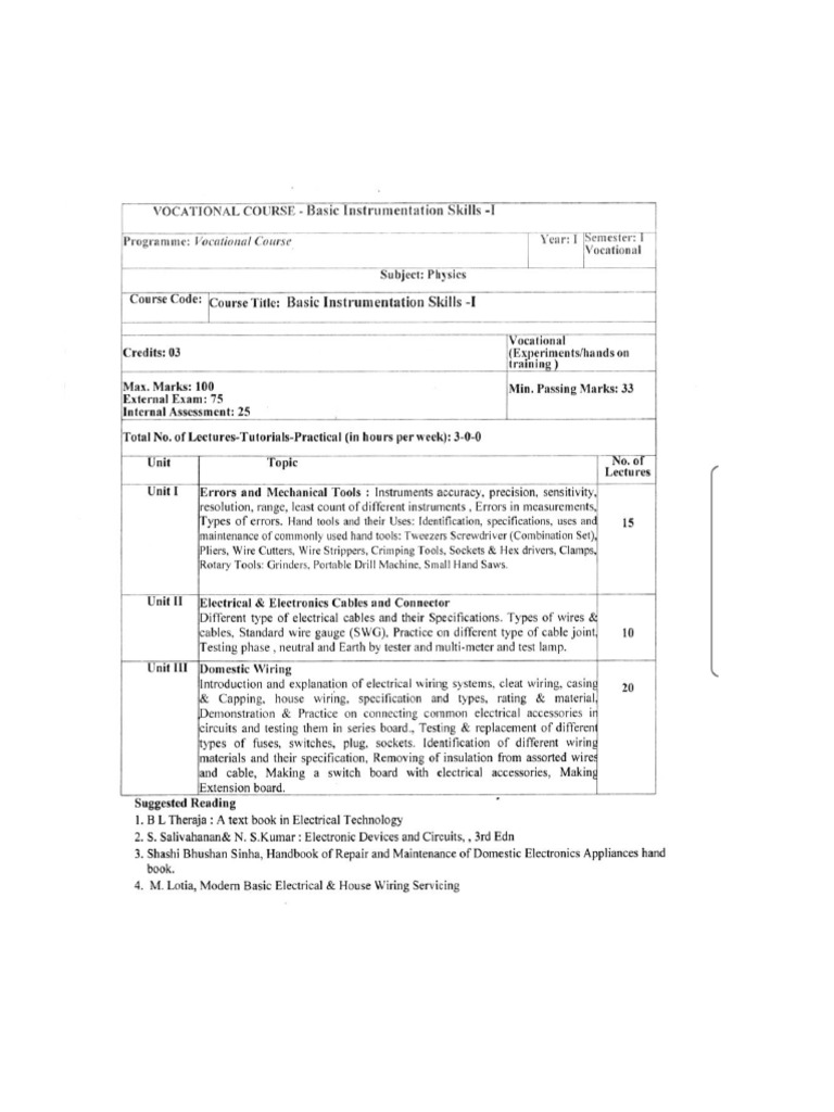 Basic Instrumentation Skills I 1st Semester Syllabus Pdf