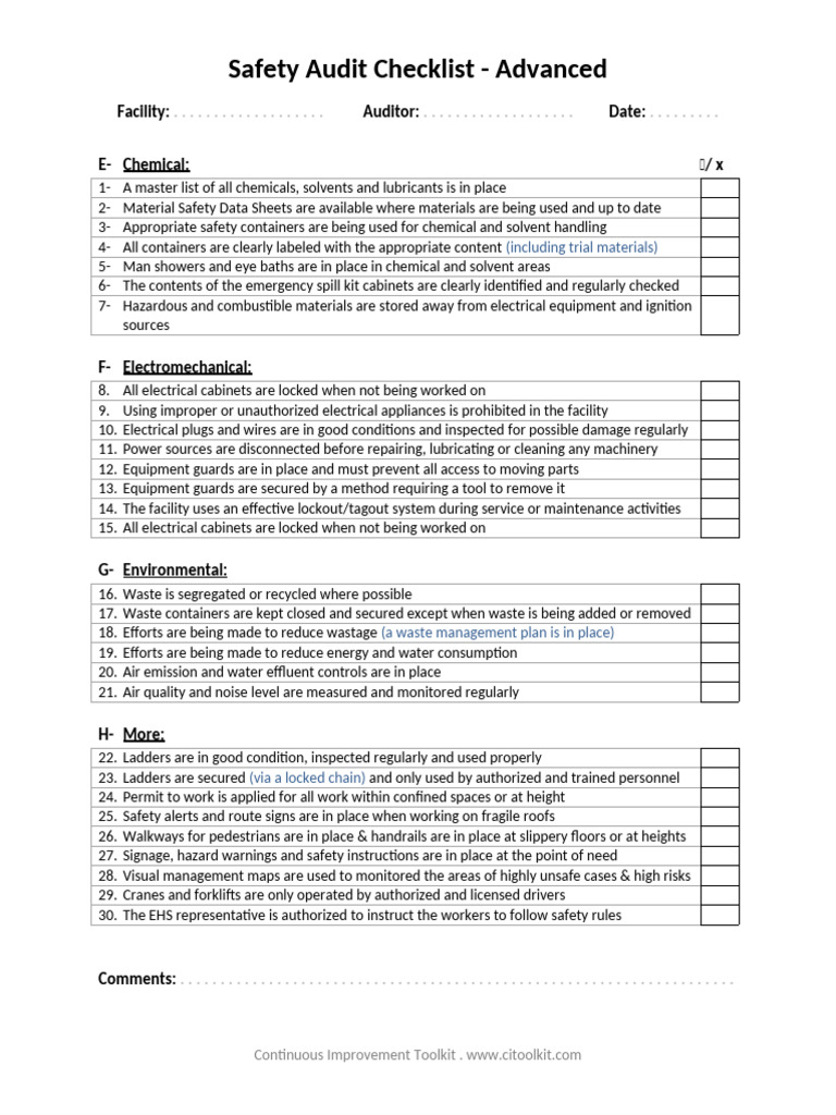 Safety Audit Checklist Advanced | PDF | Safety