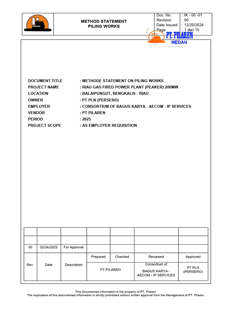 Piling Works Method Statement for Riau Plant | PDF | Deep Foundation