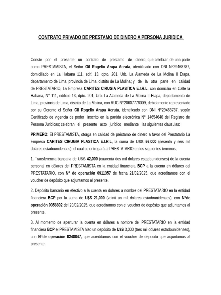 Contrato Privado de Prestamo de Dinero A Persona Juridica | PDF ...