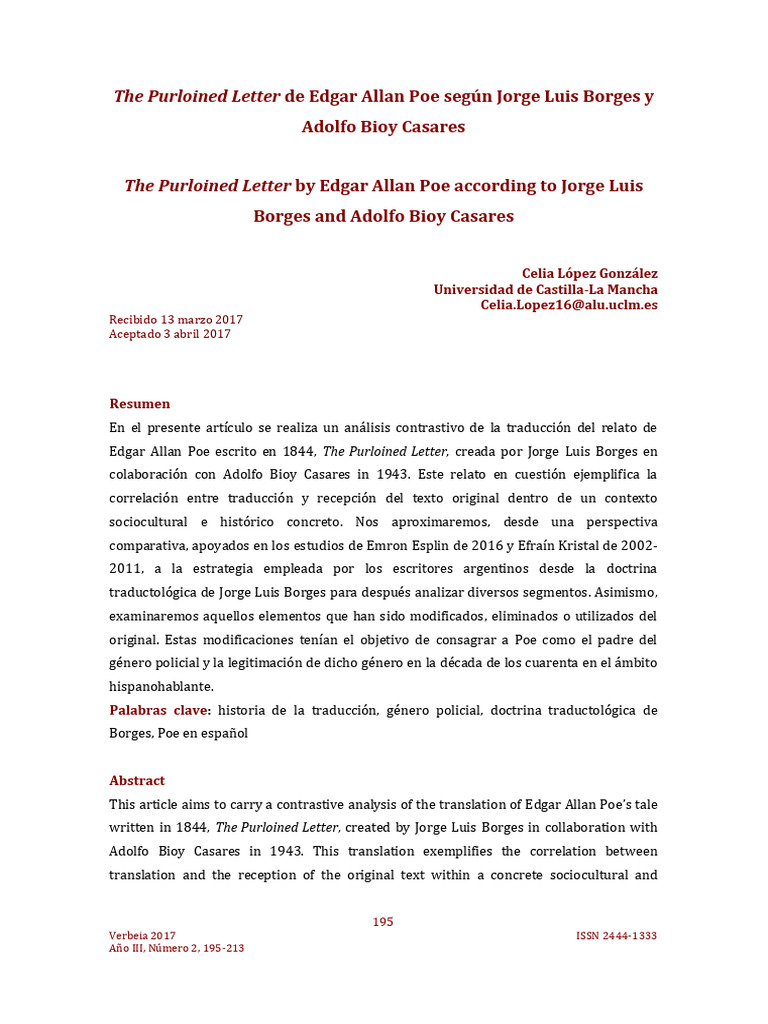 The Purloined Letter de E A Poe Segun J | PDF | Edgar Allan Poe ...