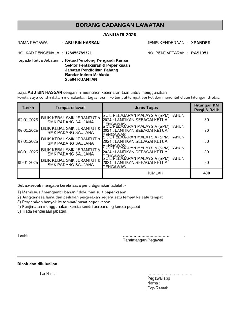 Contoh Borang Cadangan Lawatan Ketua Pengawas | PDF
