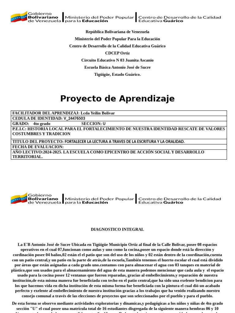 Proyectos de Aprendizaje 4to Grado | PDF | Aprendizaje | Venezuela