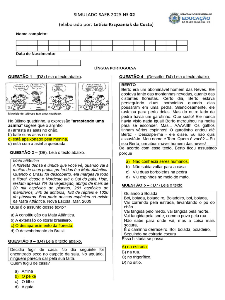 Gabarito Simulado SAEB 2025 Nº 02 | PDF | Biologia