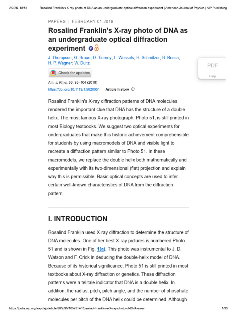 Franklin's DNA X-ray Diffraction Experiment | PDF | Diffraction | Dna