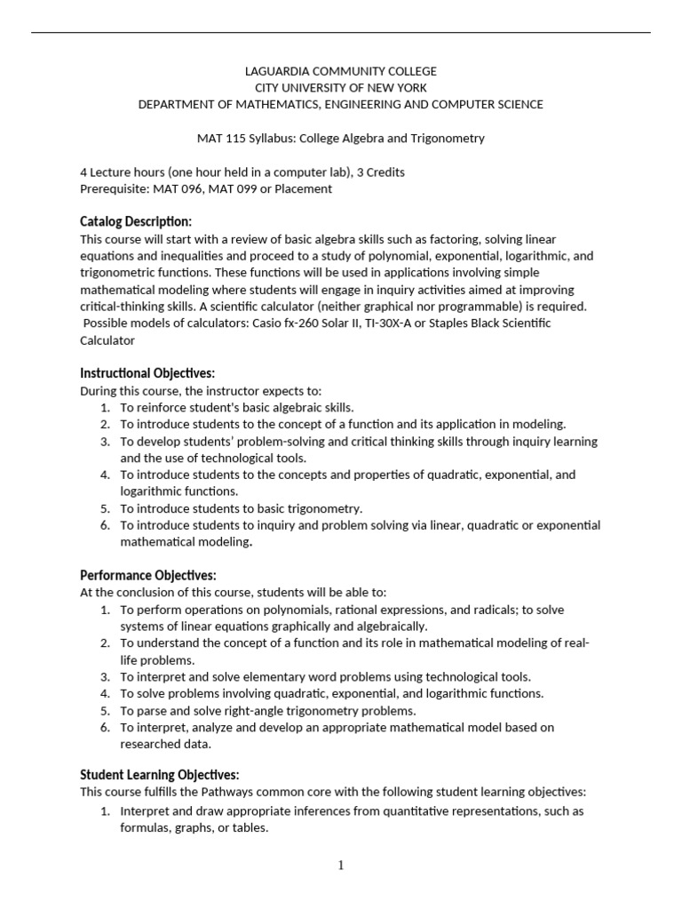 MAT 115: College Algebra & Trigonometry Syllabus | PDF | Trigonometry ...