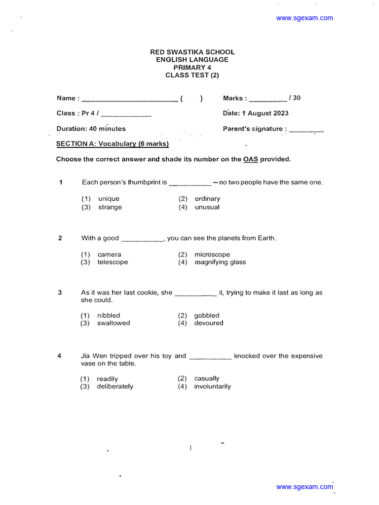 Primary 4 English Class Test 2 2023 | PDF
