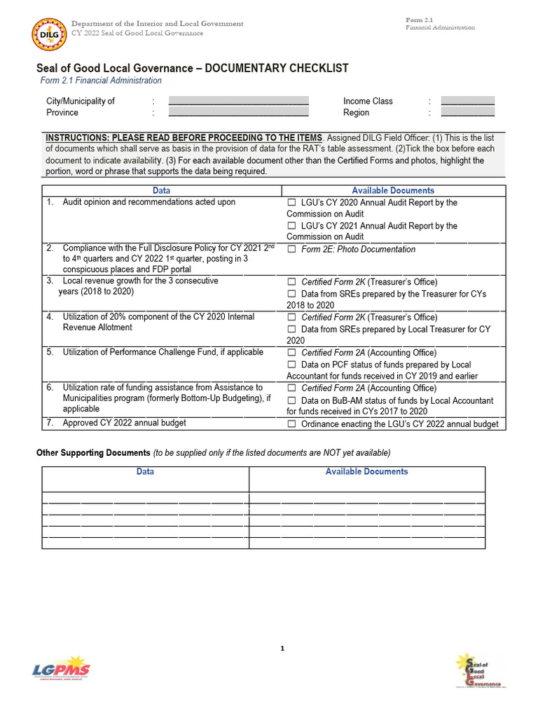2022 Local Governance Documentary Checklist | PDF