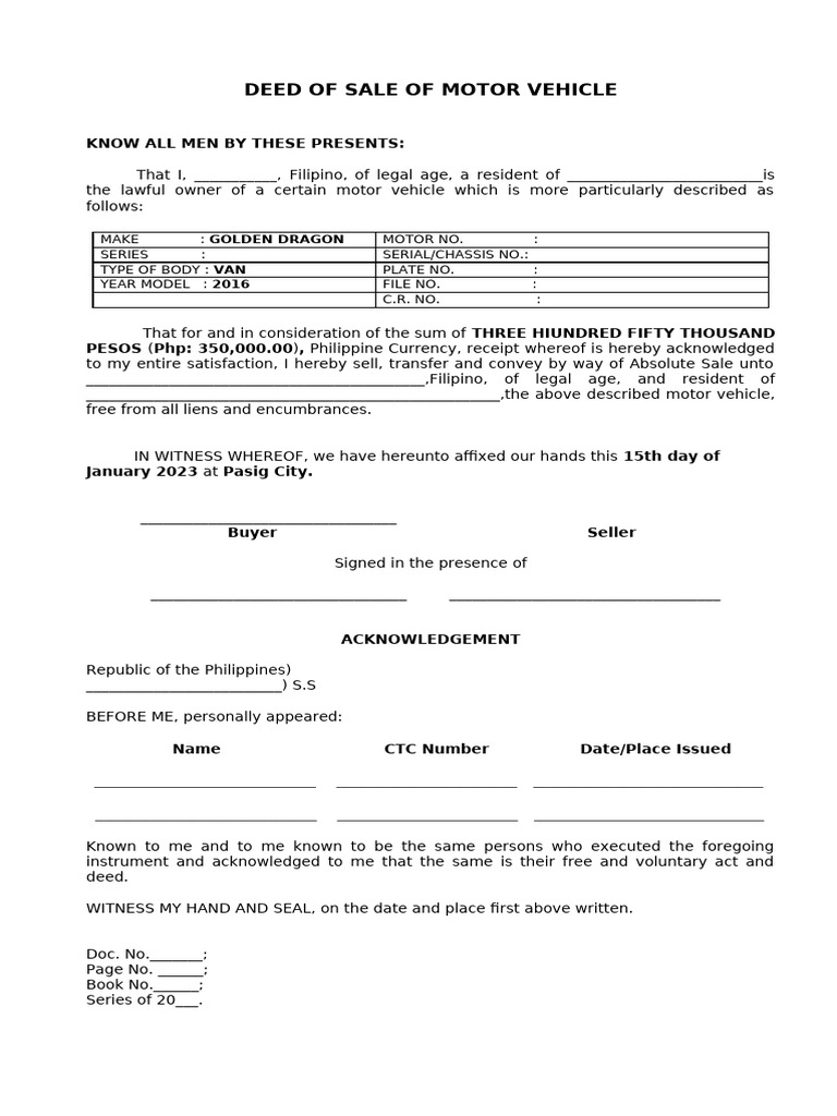 Deed of Sale of Motor_Vehicle_SAMPLE | PDF