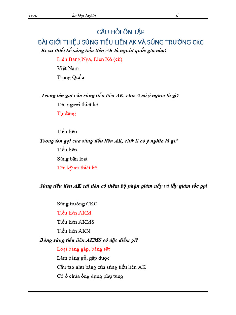 Đáp Án - Bài Giới Thiệu Súng Tiểu Liên Ak Và Súng Trường CKC | PDF