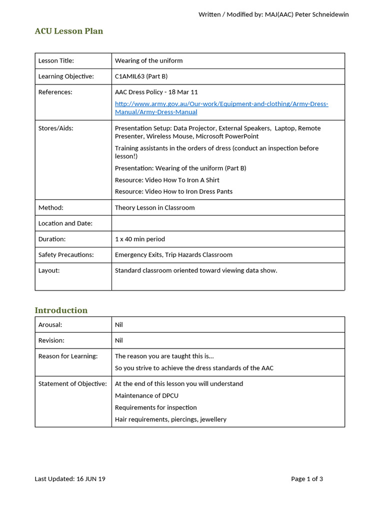 C1AMIL63 - Lesson Plan 002 - Wearing of the uniform (Part B) | PDF ...