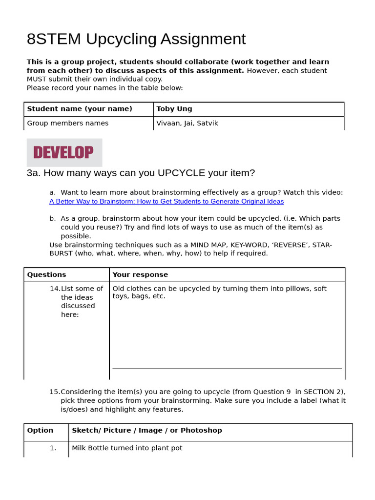 Upcycling Project Guidelines for Students | PDF | Brainstorming