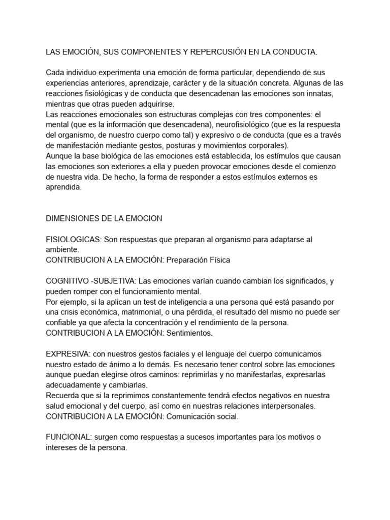 LAS EMOCIÓN, SUS COMPONENTES Y REPERCUSIÓN EN LA CONDUCTA | PDF | Las ...