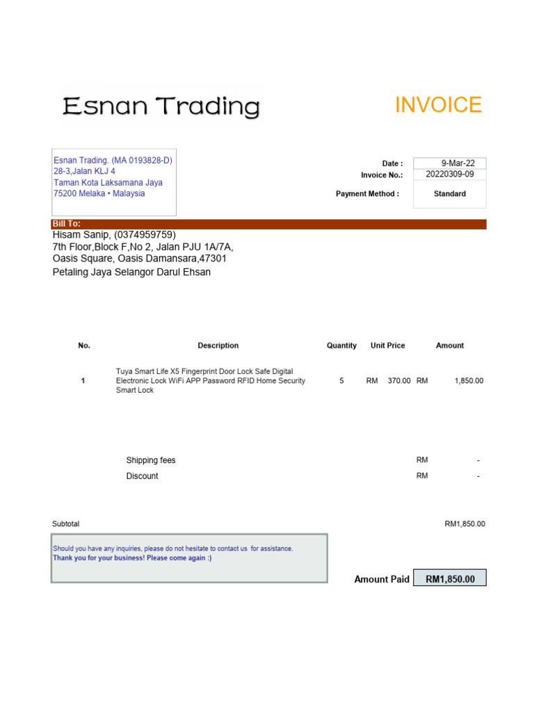 Invoice for Tuya Smart Lock Purchase | PDF