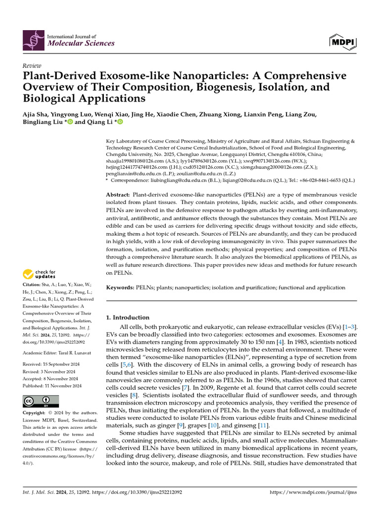 Plant Derived Exosome Like Nanoparticles a Comprehensive Overview of ...
