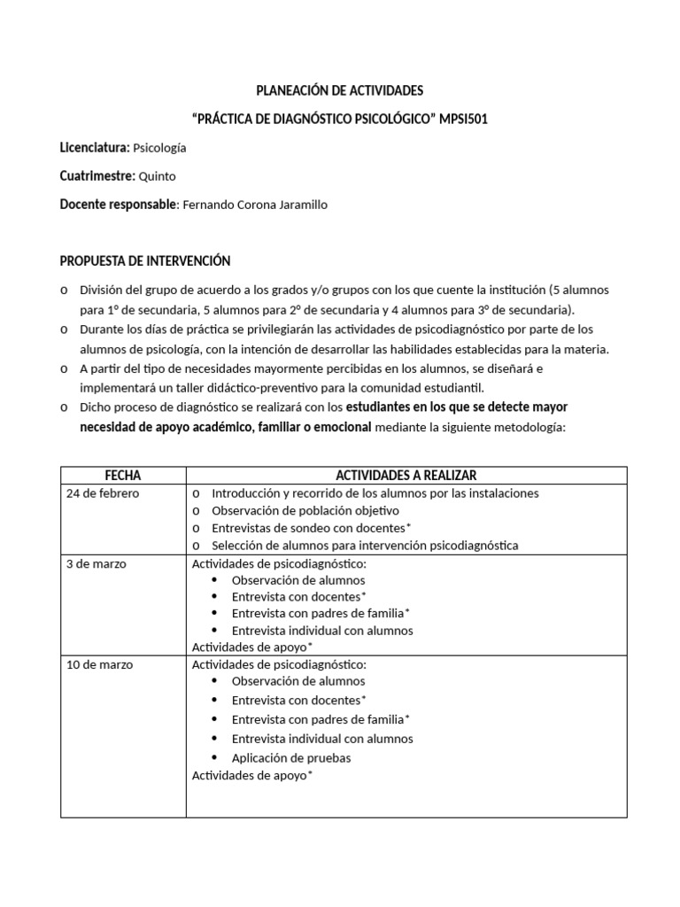 Plan de Intervención Psicológica Escolar | PDF | Sicología