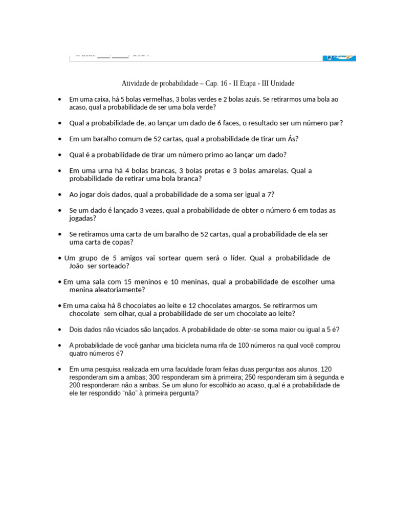 Atividade Probabilidade | PDF