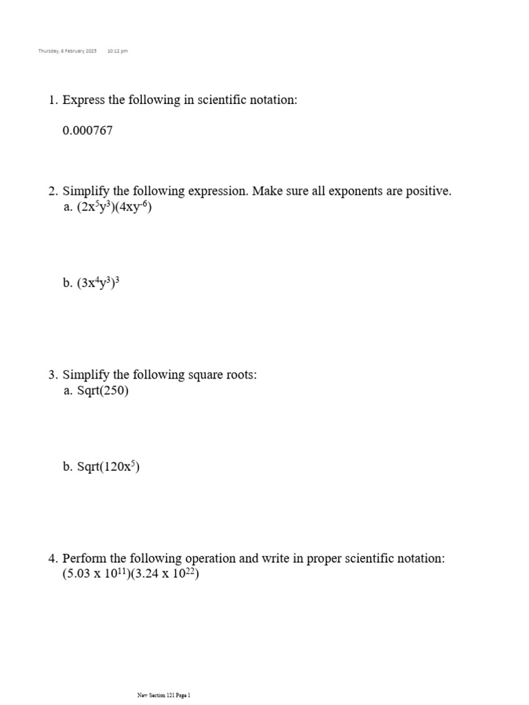 Scientific Notation and Simplification Exercises | PDF
