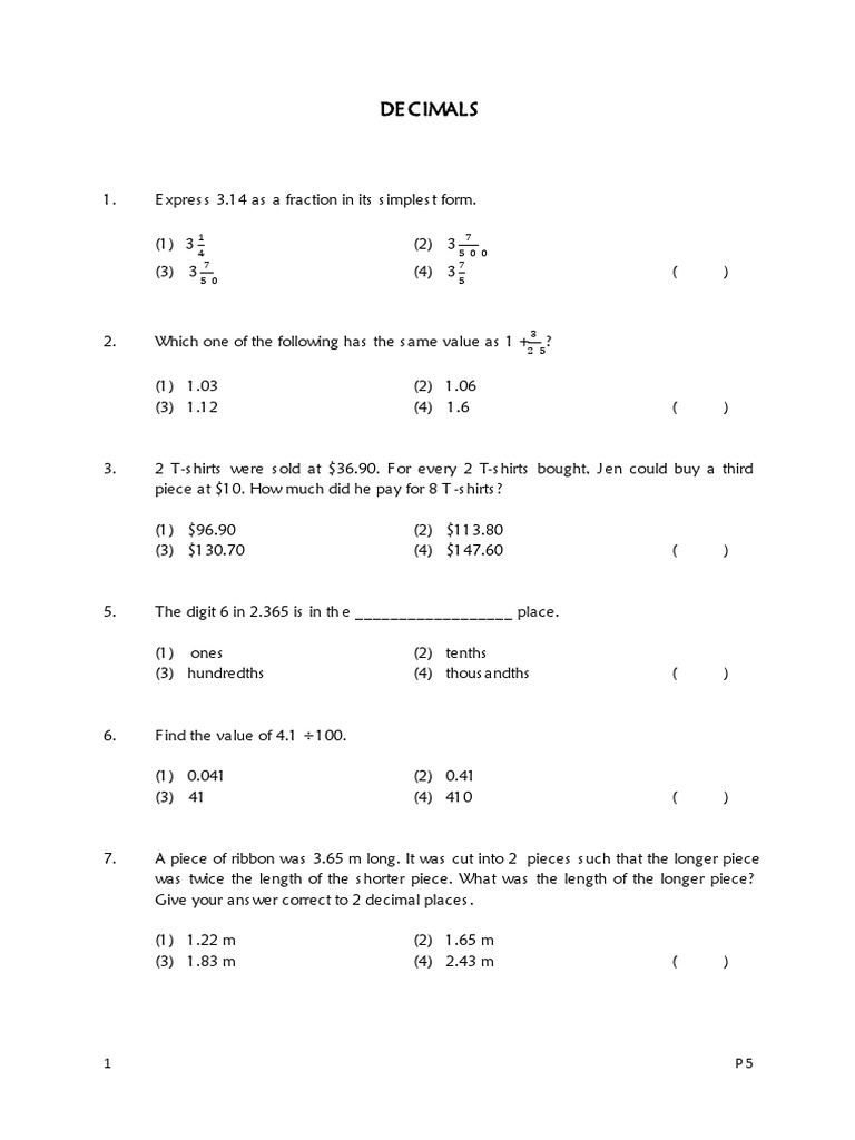 P5 Maths: Decimals and Perimeter Exercises | PDF
