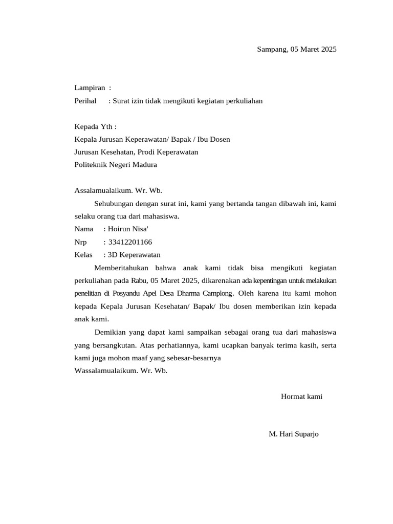 Surat Izin Tidak Hadir Kuliah Keperawatan | PDF