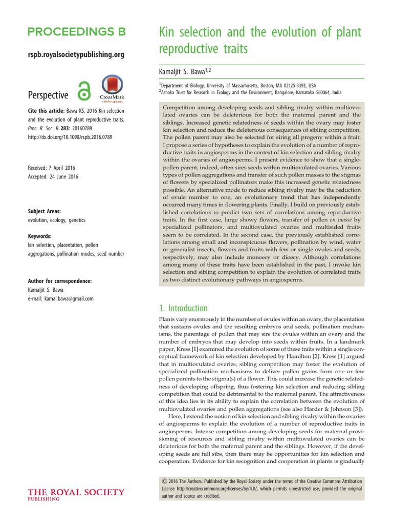 Kin Selection in Plant Reproductive Traits | PDF | Flowers | Pollination