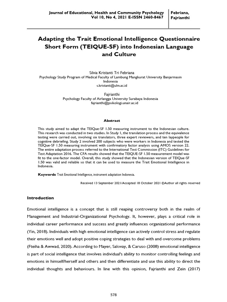 Indonesian Adaptation of TEIQUE-SF | PDF | Emotional Intelligence ...