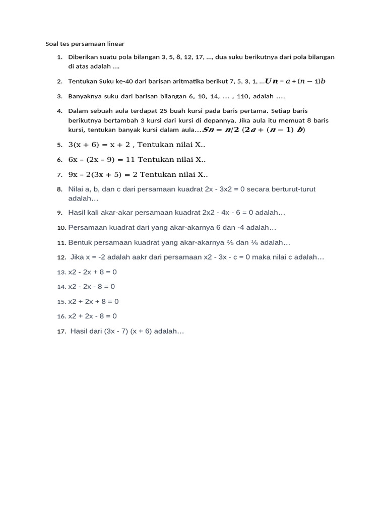 Soal Tes Persamaan Linear | PDF