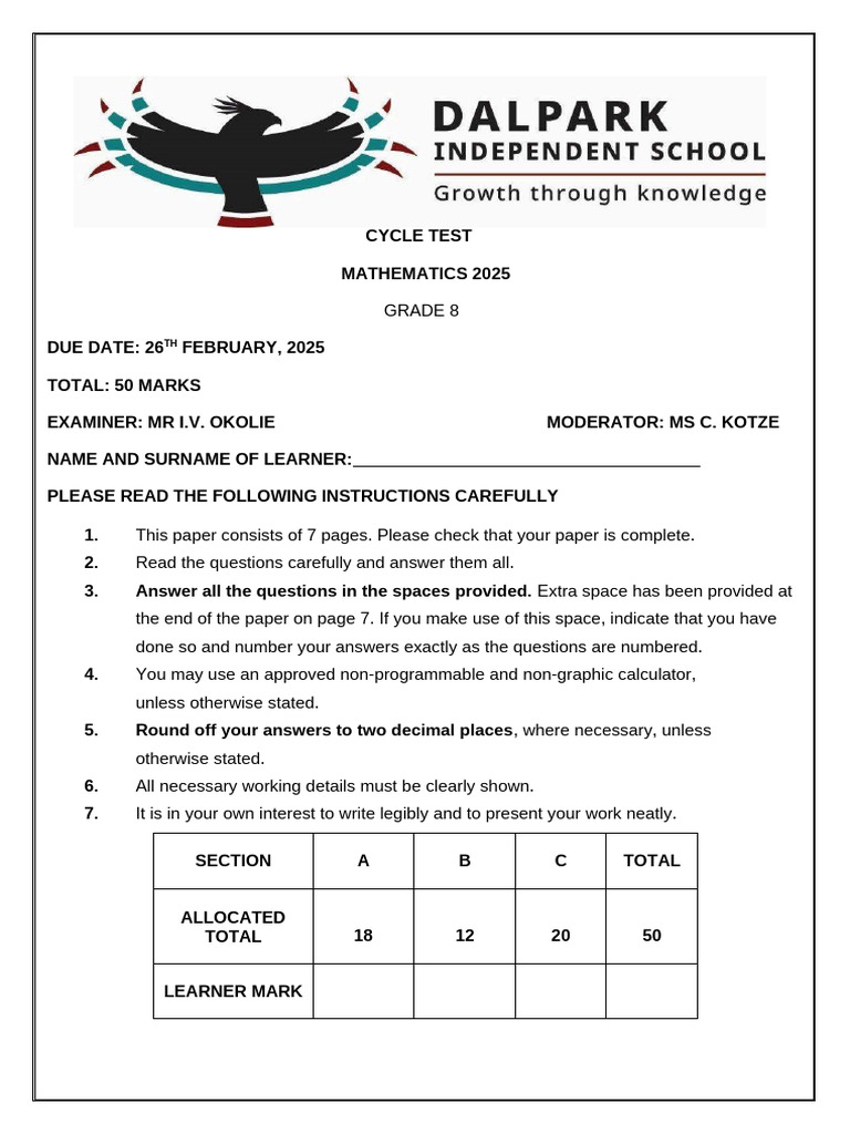 Grade 8 Mathematics Cycle Test 2025 | PDF | Arithmetic | Mathematics