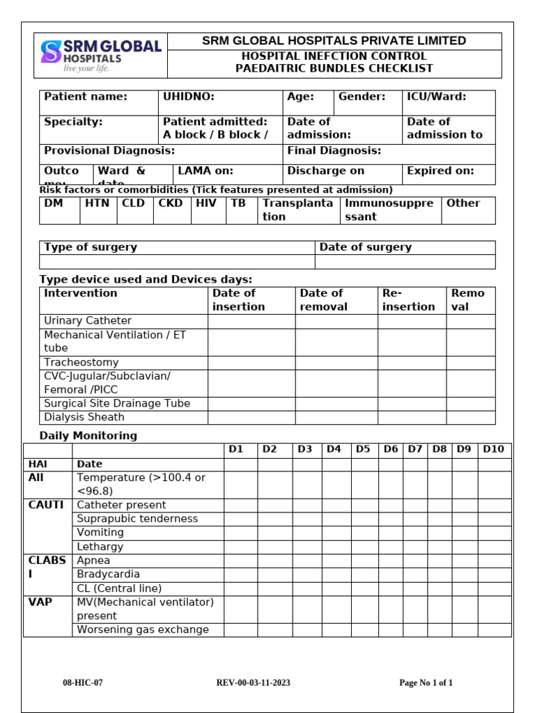 HIC BUNDLES CHECKLIST- PAEDIATRIC (1) | PDF | Intensive Care Unit | Surgery
