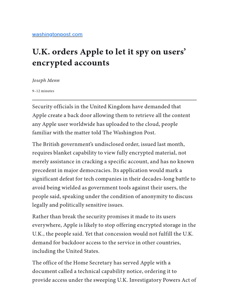 U.K. Orders Apple To Let It Spy On Users' Encrypted Accounts - The ...
