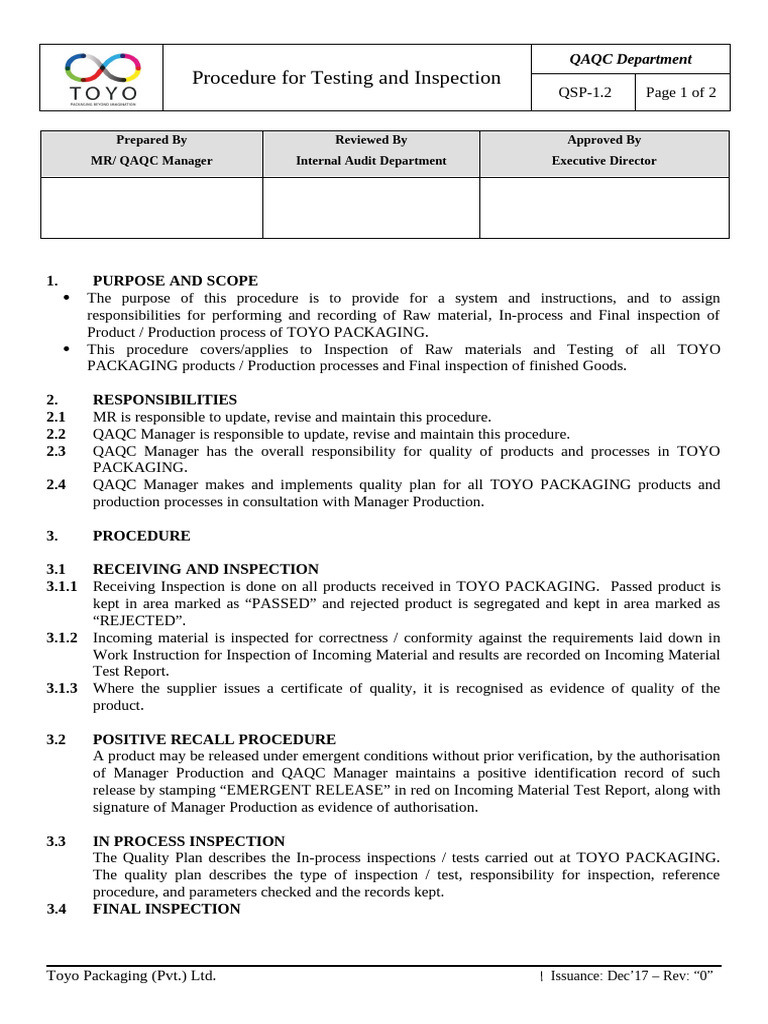 1-QAQC-2-02 Procedure For Inspection and Testing 1.2 | PDF